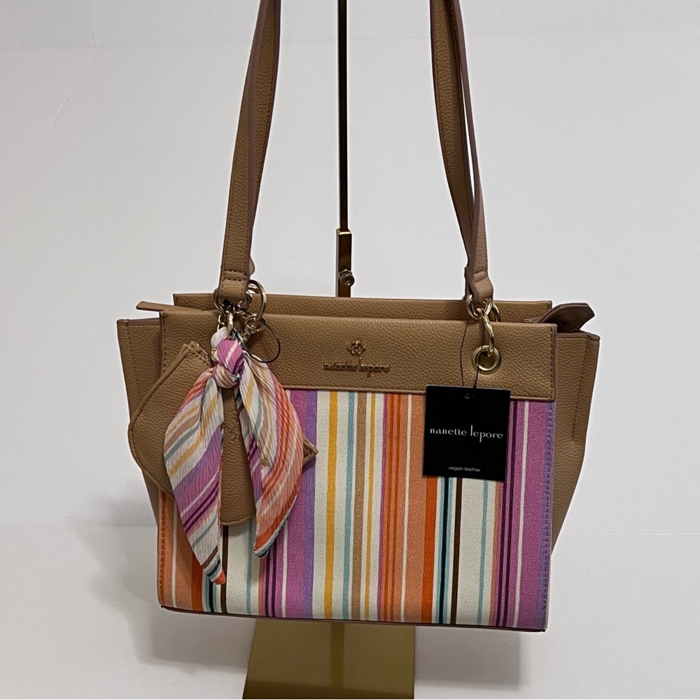 New Nanette Lepore Tan and Multicolor Stripped Shoulder Bag